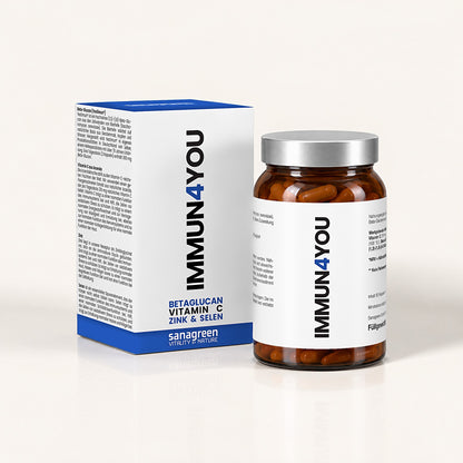 IMMUN4YOU Beta-Glucan, Zink, Selen & Vitamin C – Braunglas mit 60 Kapseln und Faltschachtel