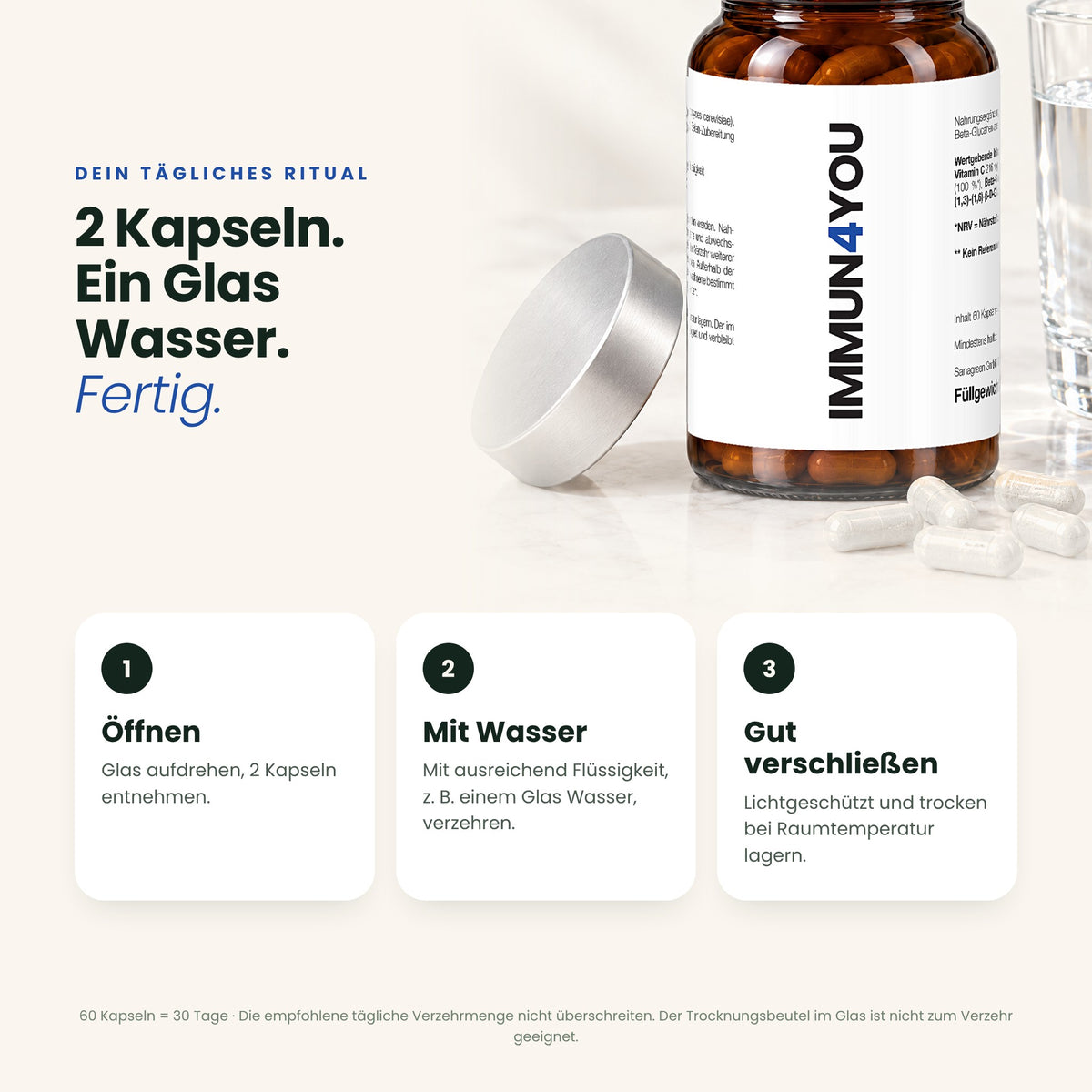 IMMUN4YOU Anwendung: täglich 2 Kapseln mit einem Glas Wasser