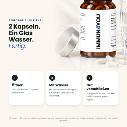 IMMUN4YOU Anwendung: täglich 2 Kapseln mit einem Glas Wasser