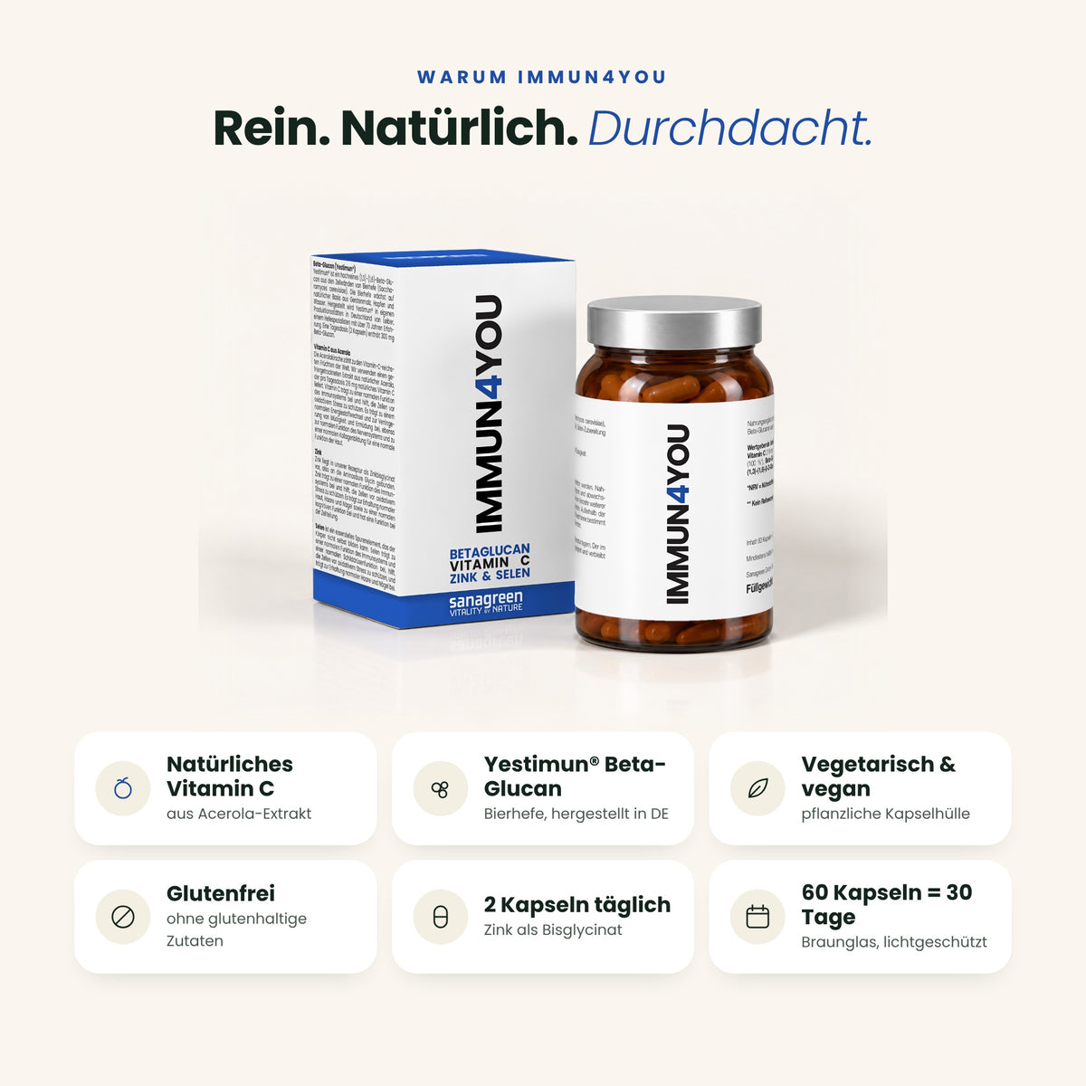 IMMUN4YOU: Vitamin C aus Acerola, Yestimun® Beta-Glucan, vegan, glutenfrei, 60 Kapseln = 30 Tage