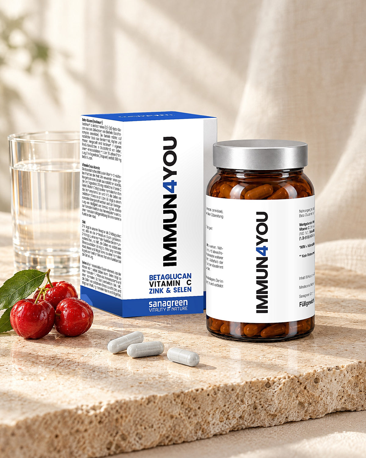 IMMUN4YOU Glas und Faltschachtel mit Acerola-Kirschen und Glas Wasser