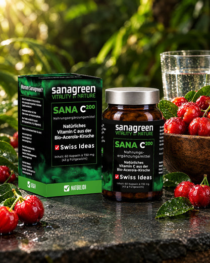 SANAC200 mit einer Schale frischer Acerola-Kirschen