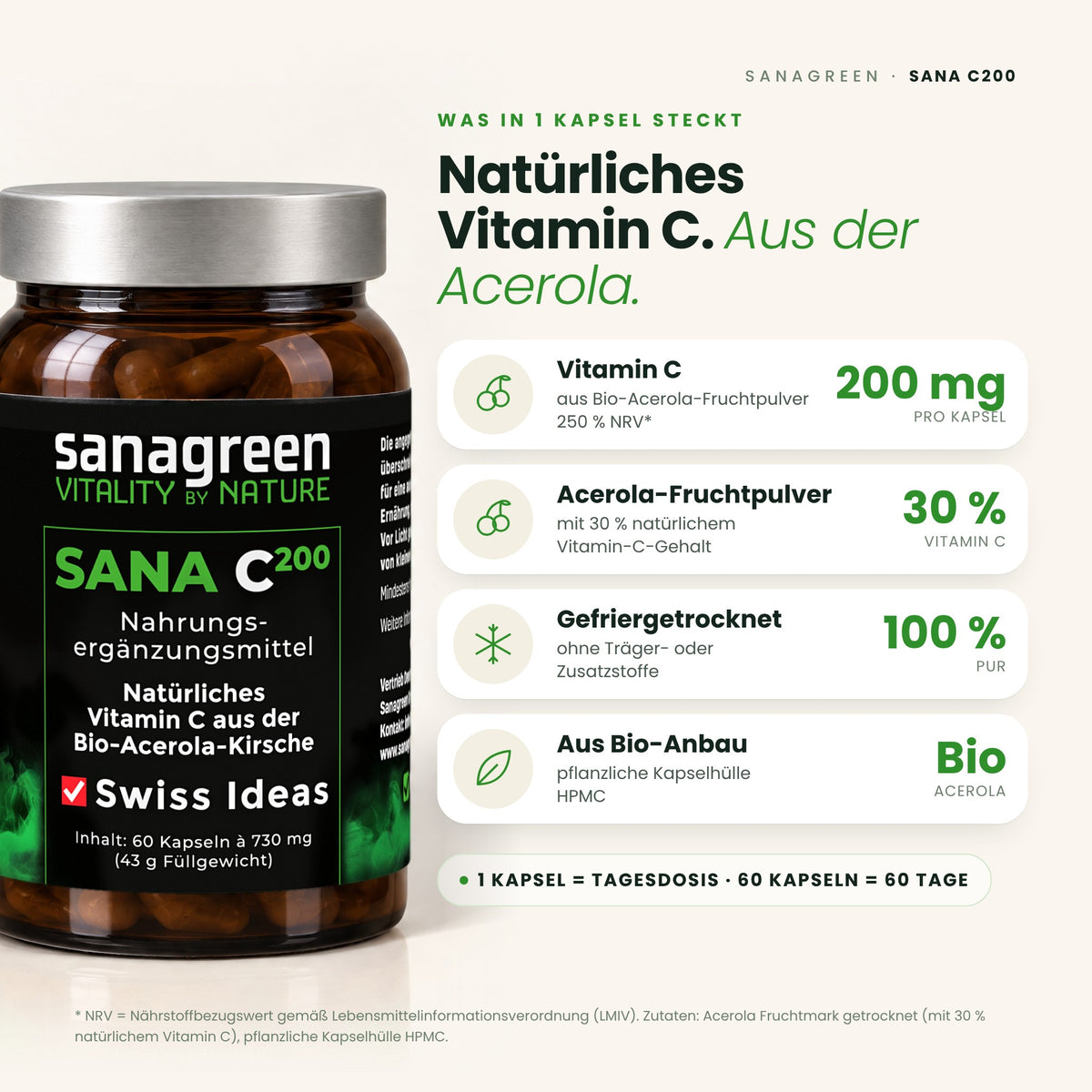 SANAC200 – 200 mg Vitamin C pro Kapsel aus Bio-Acerola-Fruchtpulver, 250 % NRV