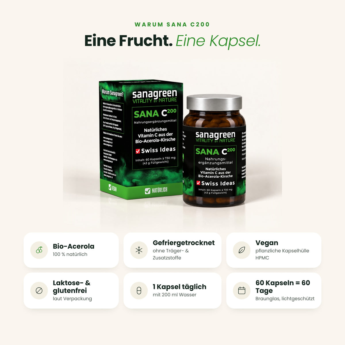 SANAC200: Bio-Acerola, gefriergetrocknet, vegan, laktose- und glutenfrei, 60 Kapseln = 60 Tage