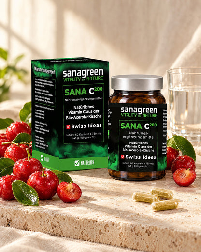 SANAC200 Glas und Faltschachtel mit frischen Acerola-Kirschen
